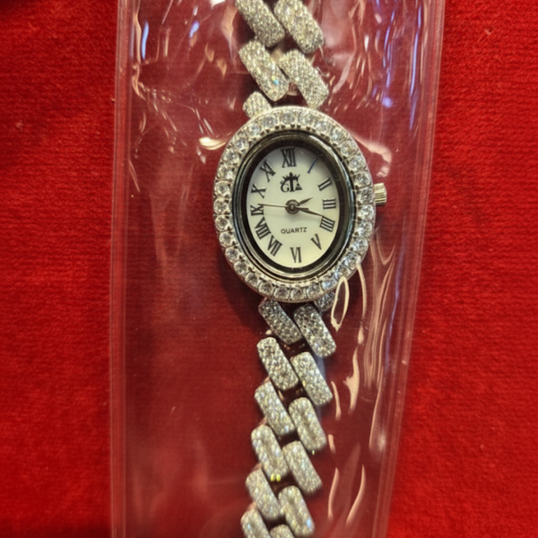 Diamond-Simulant Bezel and Cuban Chain Wristwatch